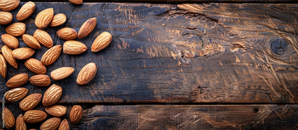 Poster almonds arranged appetizingly on a wooden table with copy space image