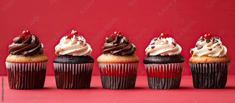 Aufkleber delicious cupcakes in a row on a red backdrop with copy space image for valentine s day celebration