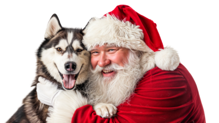 Heartwarming Christmas Portrait of Joyful Santa Claus Embracing a Friendly Husky Dog, Perfect for Holiday Promotions