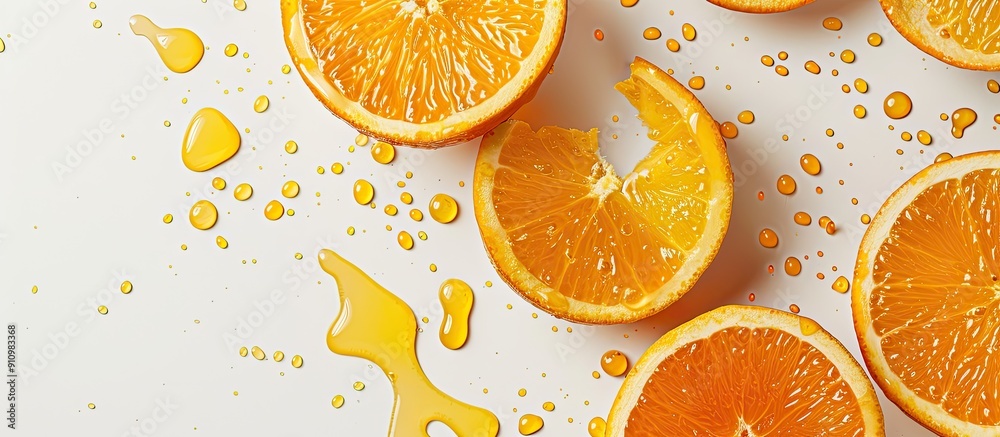 Poster isolated on a white background vibrant orange halves with a lot of juice visible providing an ideal 