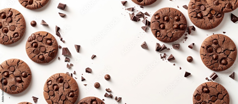 Poster Create a background composition by framing your text with round cookies and chocolate pieces on a white background to incorporate a copy space image