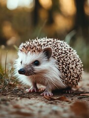Fototapeta premium A small hedge sitting on the forest floor