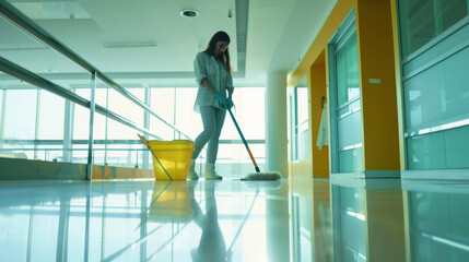 A diligent person mopping the shiny floor of a bright and modern hallway, with sunlight streaming through the large windows.