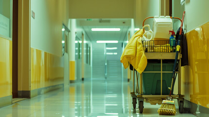 A janitor's cart filled with cleaning supplies, parked in an empty, brightly lit hallway, ready for the next task.