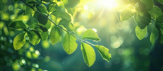 Sunlight shining through leaves creating a serene and picturesque scene with copy space image