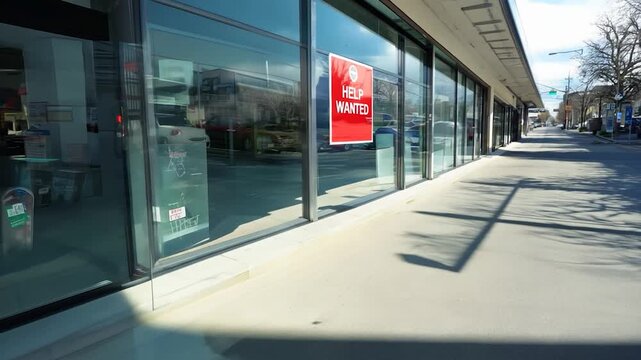 A bright red help wanted sign hangs in a storefront window along a busy city street, inviting applications from potential job seekers