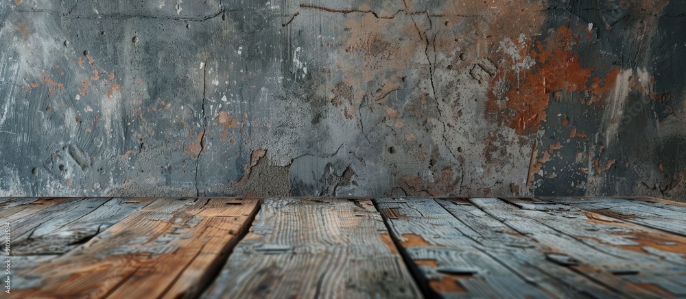 Fototapete close up of a rustic wooden surface with horizontal boards and a textured old wall in the background