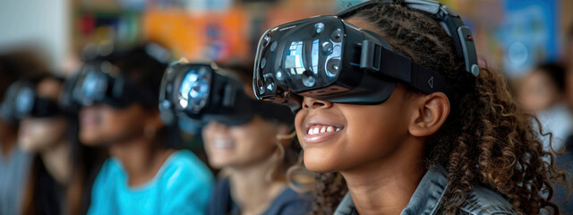 children gathered in living room, put on virtual reality headphones and watched exciting program, artificial intelligence, future technology concept.  banner