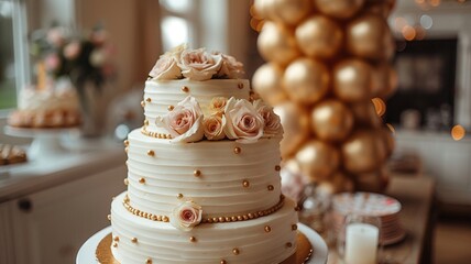 Wedding cake decorated with pink roses and candles on the table