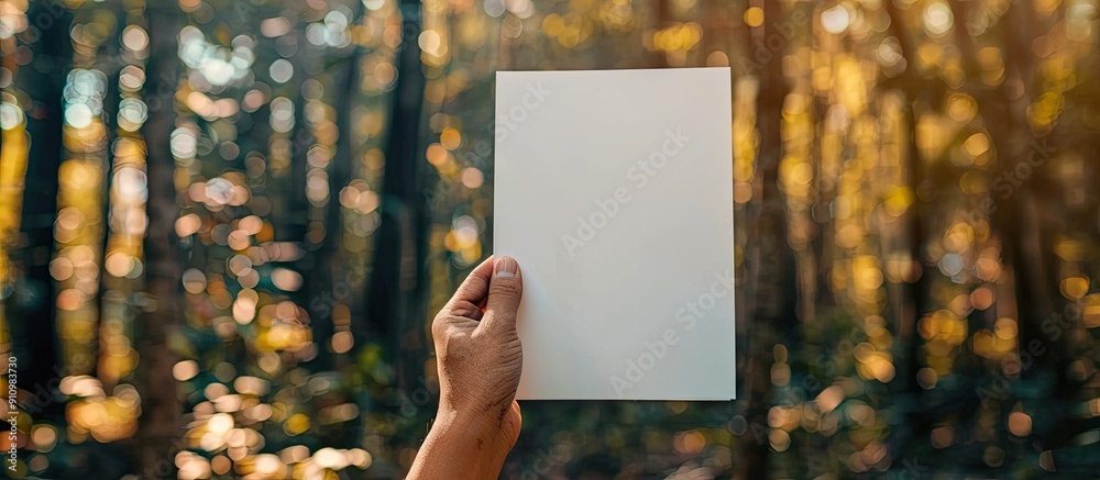Poster A white paper is held against a backdrop of blurry trees for notes with space for text or an image. copy space available
