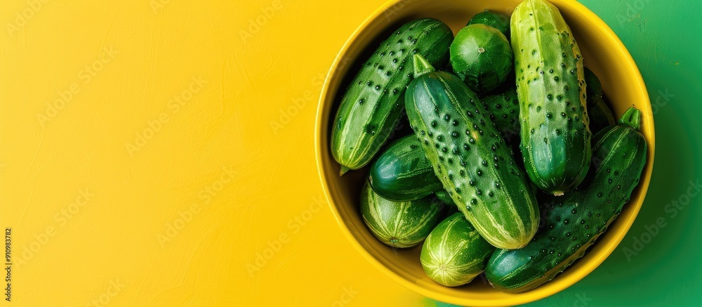 Poster A plethora of ripe green cucumbers neatly arranged in a yellow bowl for a top view close up shot perfect for a copy space image