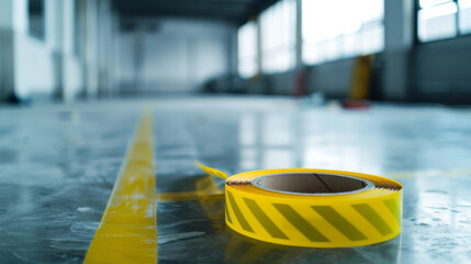 A roll of yellow caution tape lies on the floor of an industrial space, emphasizing safety and precautionary measures in a modern setting.