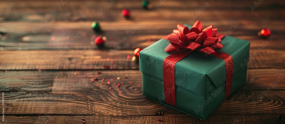 Poster A green gift box with a red ribbon sits on a wooden table offering space for your own text alongside the image. copy space available