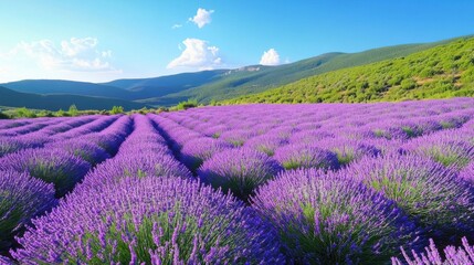 Obraz premium A picturesque lavender field in full bloom under a clear blue sky 