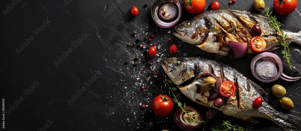 Poster a black table displays two grilled dorado fish adorned with onions olives tomatoes and herbs capture