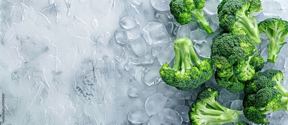 Poster Fresh broccoli placed on ice with a background for text showing a top view for a copy space image