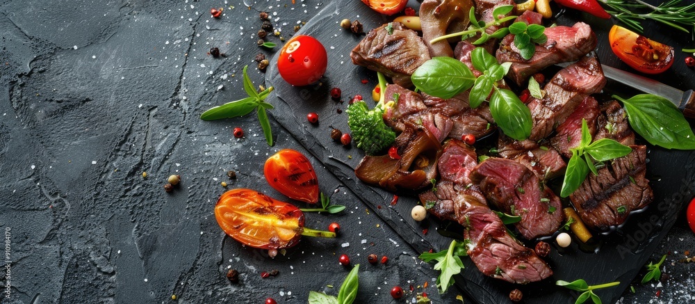 Poster spiced beef liver with herbs and vegetables on a stone table with copy space image