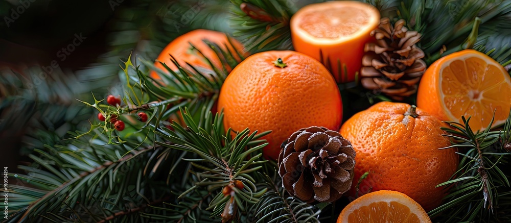 Poster winter themed background featuring tangerines a fir branch wreath and selective focus for copy space