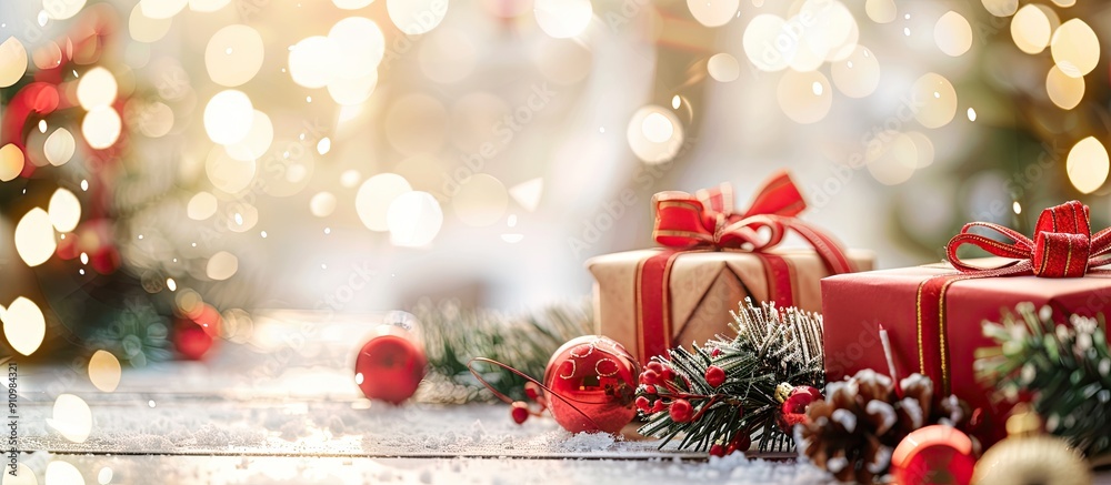 Aufkleber Selective focus holiday with gift boxes decorations and a festive Christmas background creating a joyous atmosphere in the copy space image