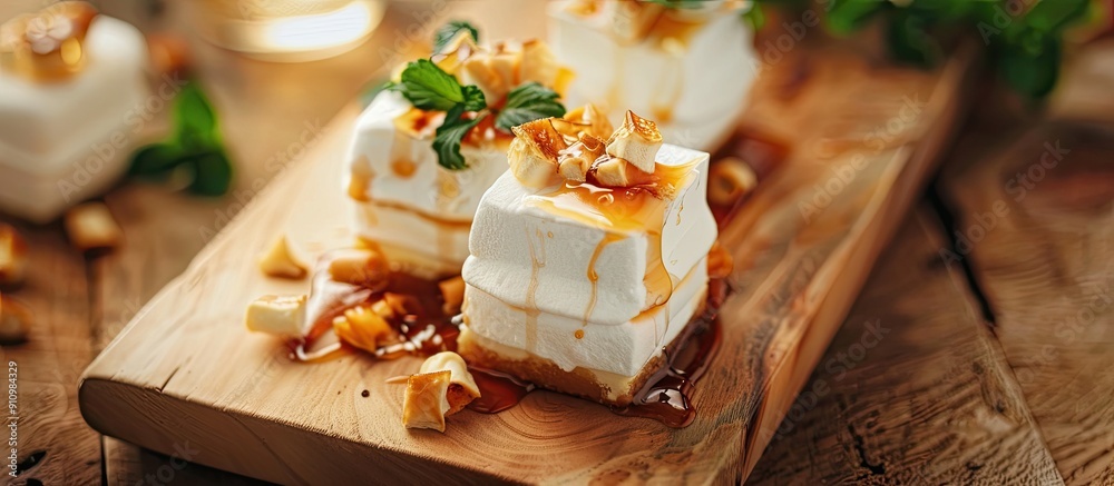 Poster copy space image of a vanilla marshmallow dessert with caramel placed on a wooden table with selecti