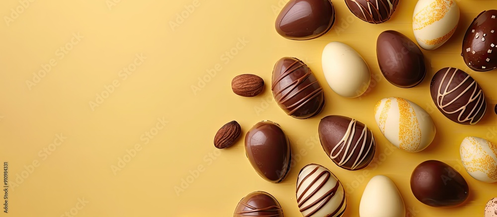 Poster top view of easter chocolate eggs candy on a soft yellow backdrop an imaginative flat lay concept wi