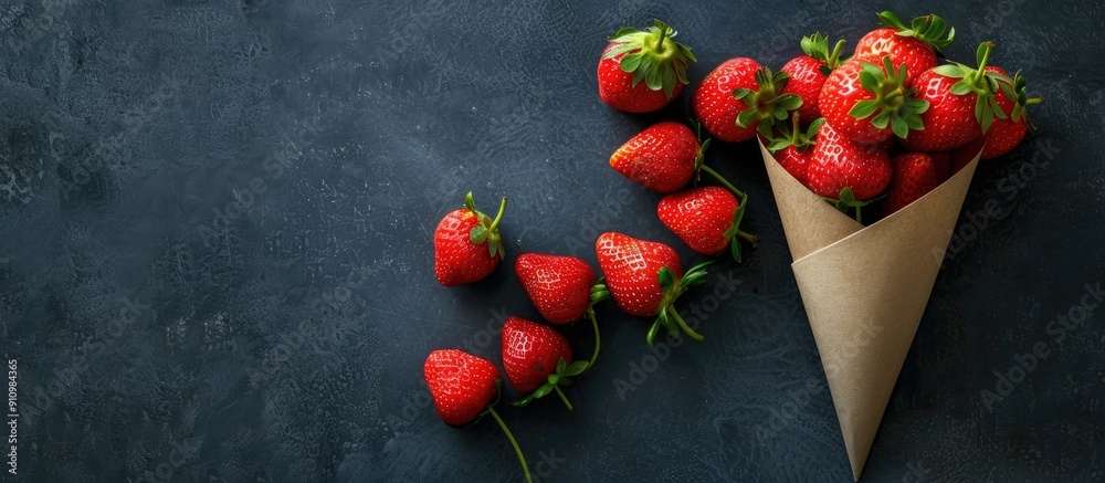 Poster Fresh red strawberries arranged on a paper cone against a dark background creating a stylish copy space image