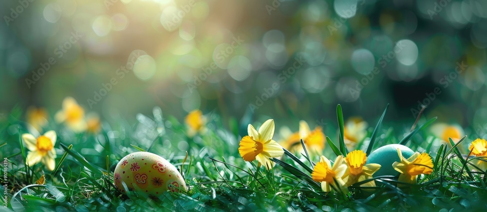 Aufkleber green grass with daffodils and vibrant easter eggs copy space image available