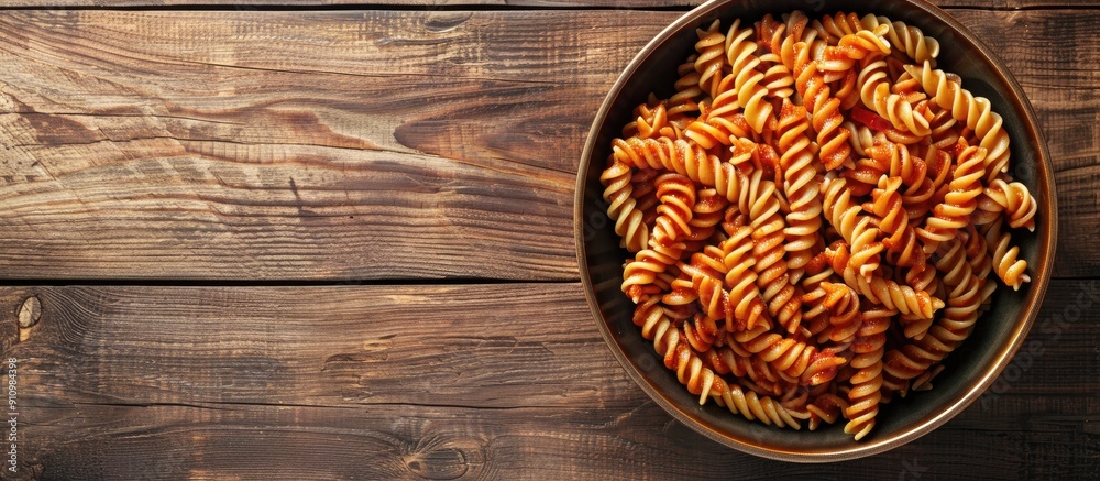 Aufkleber Top view of a vegetarian Italian dish on the menu concept featuring rotini pasta in tomato sauce with a background suitable for text in a copy space image