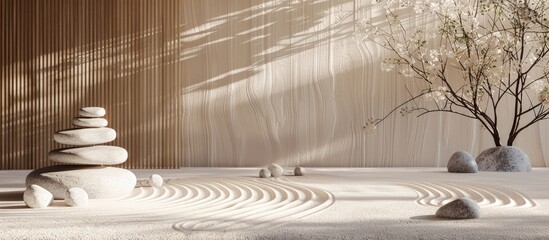 A peaceful Zen sand garden with stones and lines for relaxation and meditation ideal for spa and relaxation imagery featuring a serene copy space image in blush champagne color