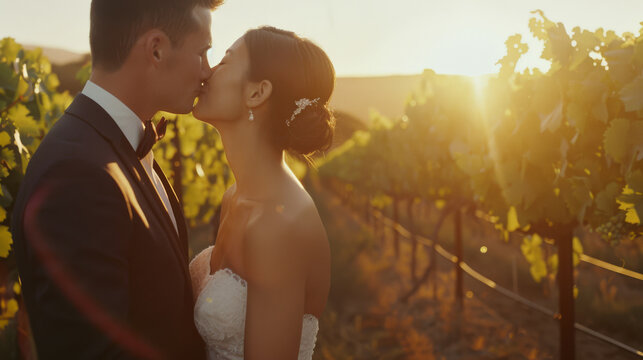 A couple shares a kiss in a vineyard during sunset, captured in a golden, romantic glow as they celebrate their special moment.