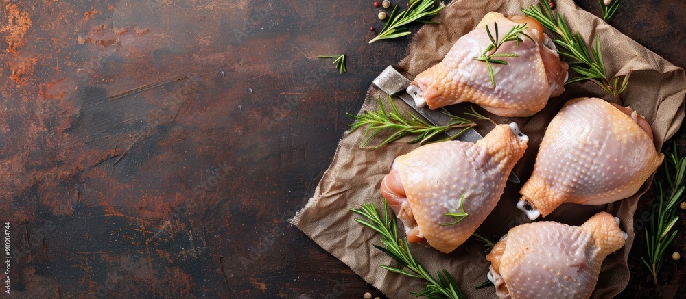 Poster Raw chicken thighs and legs displayed on a rustic table with a copyspace image perfect for a healthy meal or a food snack with a top view perspective