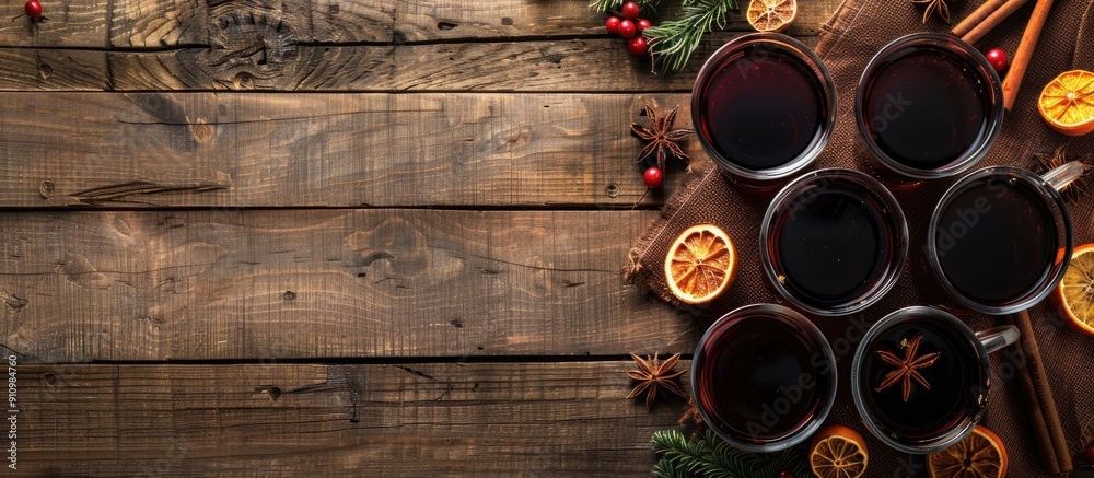 Poster Overhead view of festive mulled wine on a rustic wooden table featuring ample copy space image