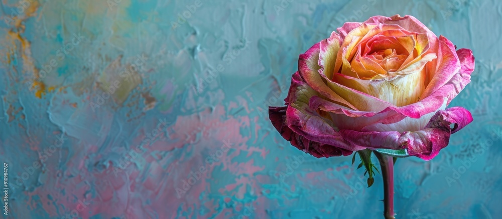 Aufkleber macro photograph of a vibrant metallic rose in pink yellow and violet hues set against a textured bl