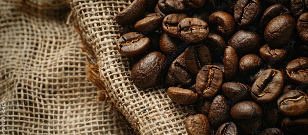 Poster Close up flat lay of coffee beans resting on a rustic jute sack with ample copy space in the image