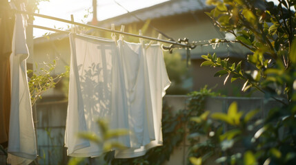 Freshly laundered white clothes hanging on a clothesline outdoors, bathed in the soft morning sunlight, surrounded by green foliage.