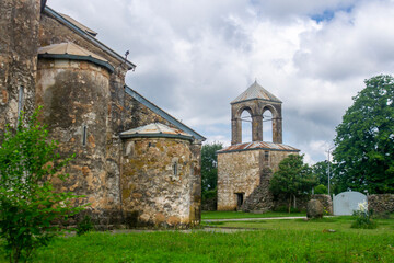 The Tsalenjikha Cathedral Church of the Transfiguration of Savior. Bell tower, courtyard with grass