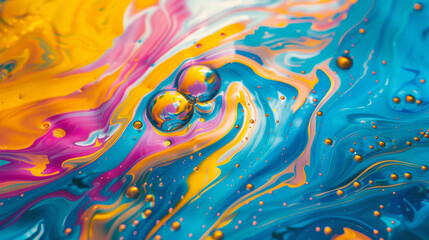 Naklejka premium Abstract mix of swirling blue, orange, and magenta with gold bubbles, evoking cosmic and galactic imagery in vibrant, fluid motion.