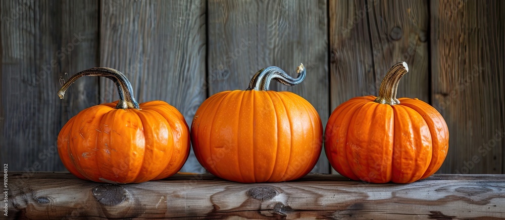 Poster three pumpkins are displayed on a wooden table with copy space image
