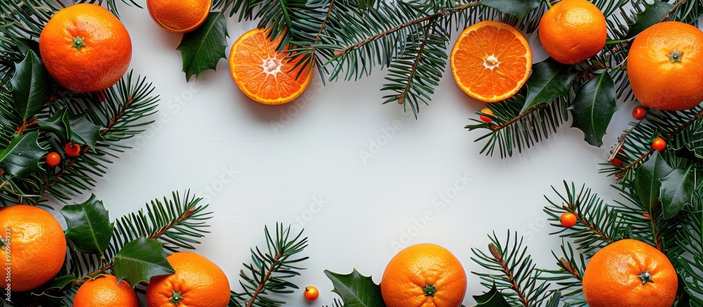 Aufkleber christmas tree branches with tangerines arranged on a bright backdrop creating a beautiful copy spac