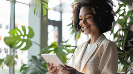 A young woman enjoys the morning light in a stylish indoor space, her bright smile reflecting the fresh, lively ambiance around her.