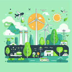 Renewable, green energy and save energy web banner. Ecology, Sustainable clean industrial factory, renewable energy sources and green electricity concept icons. Environment doodle flate design vector