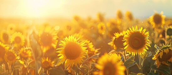 Blooming sunflowers in a scenic field create a natural background with a copy space image