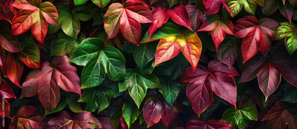 Poster vibrant burgundy and green leaves of parthenocissus quinquefolia on a house wall ideal for autumn th