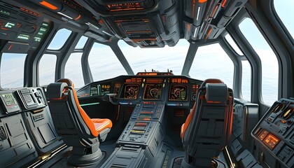 The cockpit of the science fiction spacecraft is beautifully decorated and full of futuristic, with magnificent stars and planets outside.