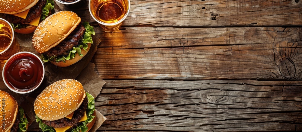 Poster top down view of tasty cheeseburgers and beverages on a wooden surface with blank area for text idea