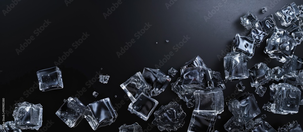 Poster Black background with ice crystal cubes creating a copy space image for text or design