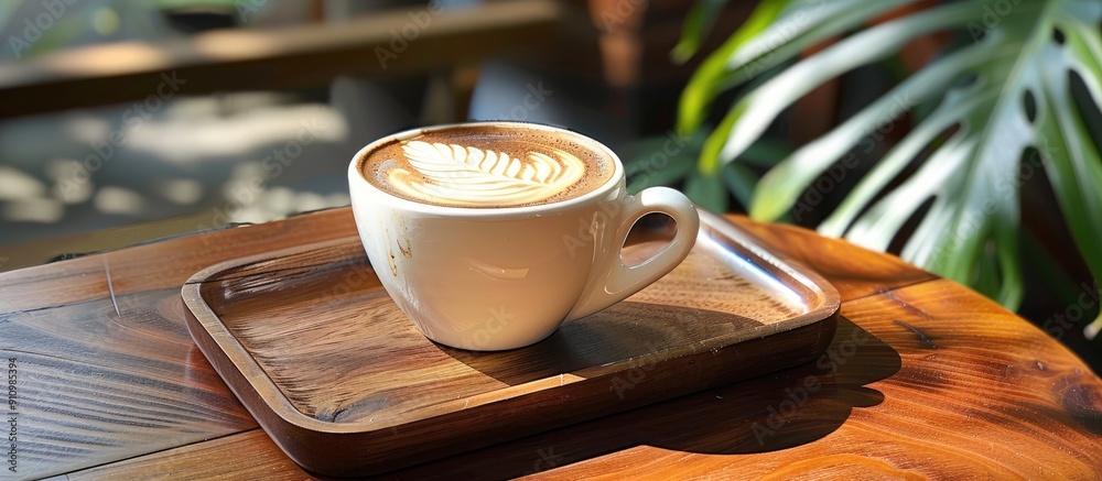 Poster cappuccino coffee cup with latte art on a wooden tray displayed on a cafe table ideal as a copy spac
