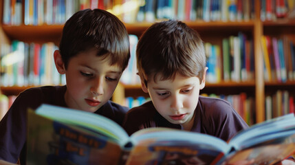 Two boys engrossed in a book in a cozy library, sharing an intensely focused moment, surrounded by shelves of colorful books.