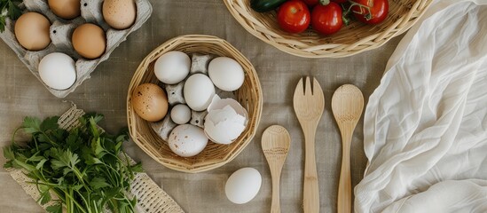 A flat lay composition featuring fresh eggs in a rattan basket paired with vegetables and wooden cutlery creating an appealing copy space image from a top view