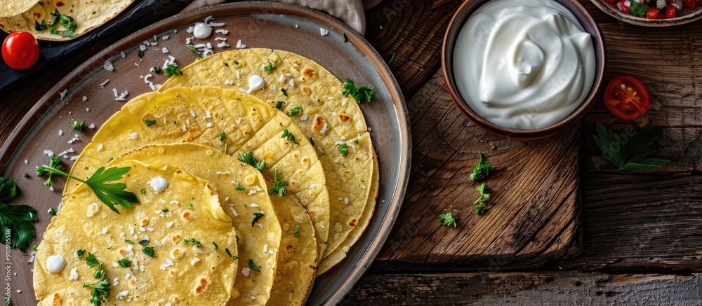 Poster low carb gluten free tortillas made from coconut flour and psyllium husk topped with cream and veggi